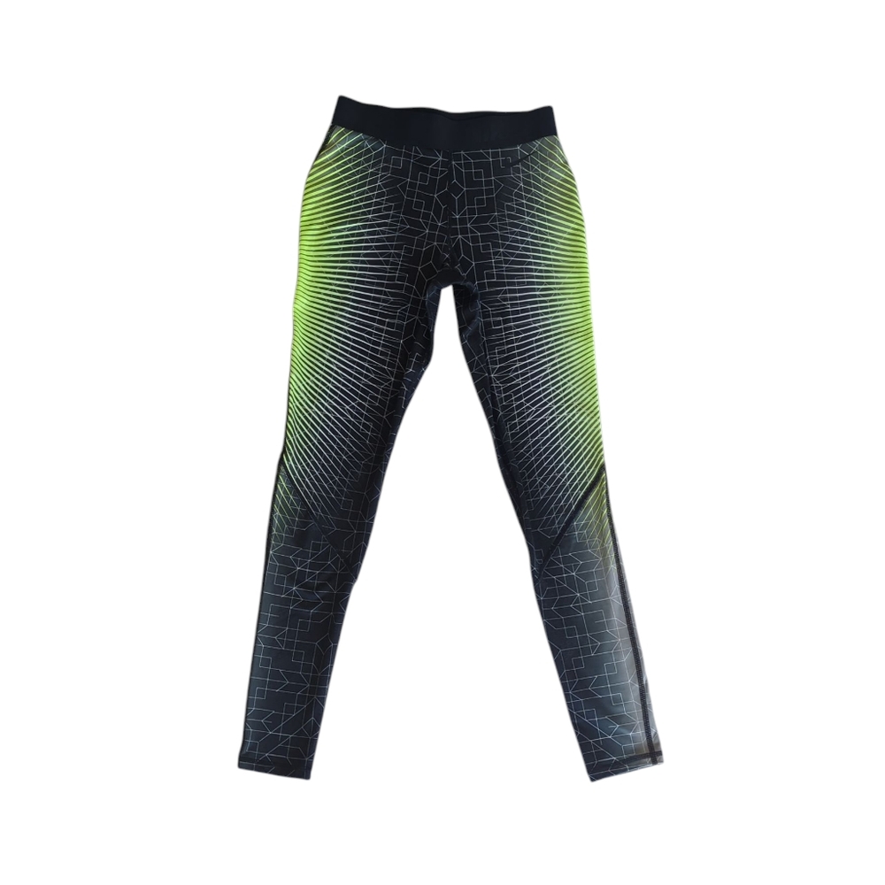 Nike Pro Geometric Print Hyperwarm Tights Leggings SMALL Black Neon Green Lime